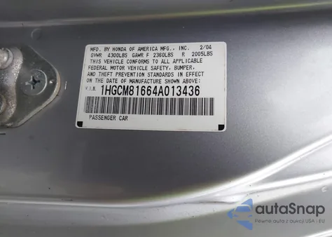 2004 Honda Accord 3.0 Ex из США, поврежденный, VIN 1HGCM81664A013436